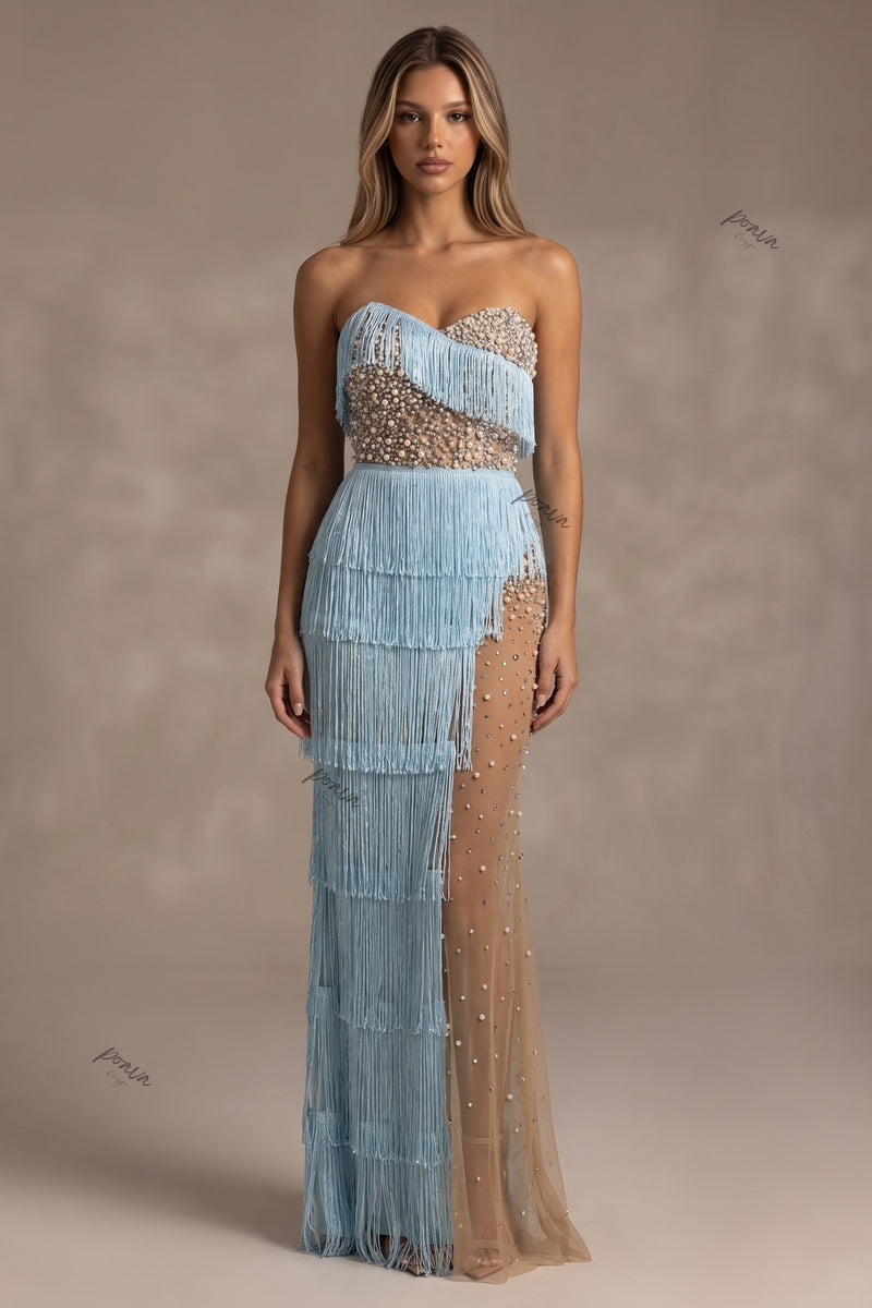 Light Blue Polyester Fringe Asymmetrical Column Evening Gown