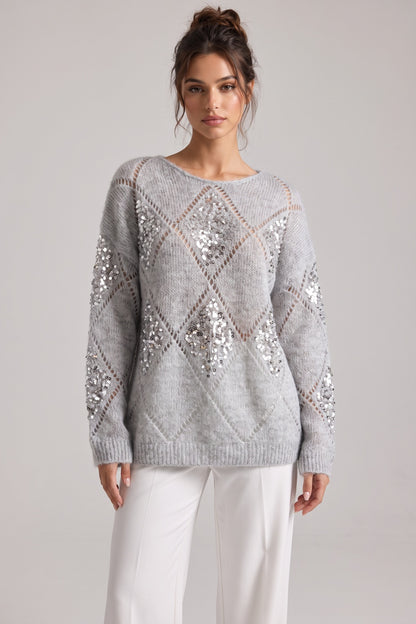 Light Grey Sequin Diamond Oversized Mohair-Blend Sweater light grey fuzzy mohair-blend knit sweater - product view 1