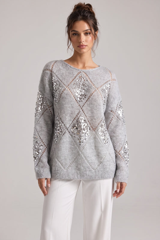 Light Grey Sequin Diamond Oversized Mohair-Blend Sweater light grey fuzzy mohair-blend knit sweater - product view 1