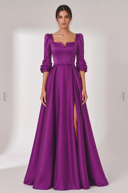 Purple Satin A-Line Evening Gown purple satin evening gown - product view 1