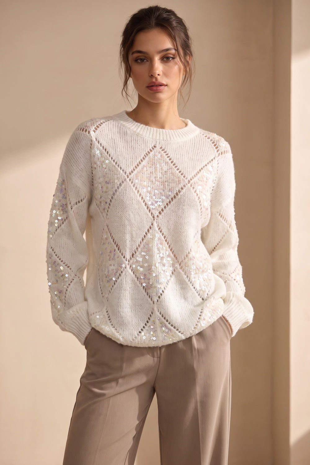 White Textured Knit Relaxed Sweater with Diamond Sequin Panels white textured knit sweater - product view 1