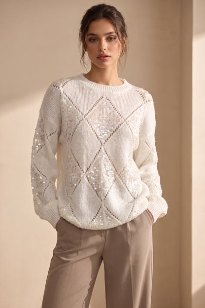 White Textured Knit Relaxed Sweater with Diamond Sequin Panels white textured knit sweater - product view 1