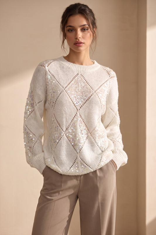 White Textured Knit Relaxed Sweater with Diamond Sequin Panels white textured knit sweater - product view 1