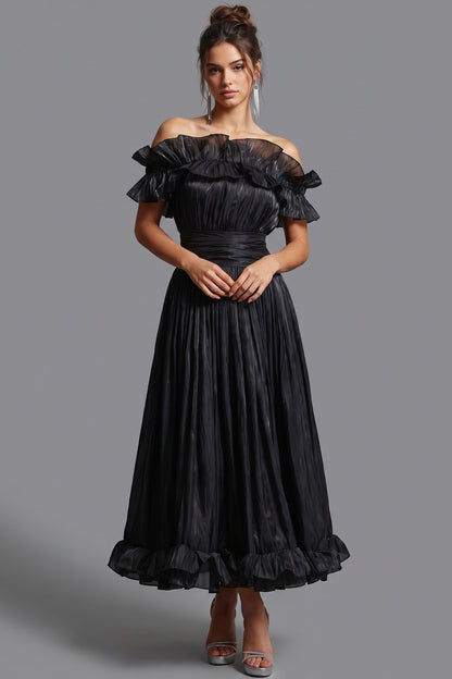 Black Pleated Organza Fit-and-Flare Midi Dress black pleated organza or taffeta dress - product view 1