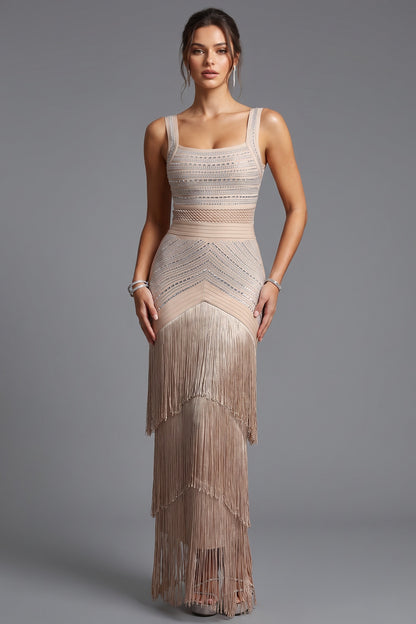 Beige Heavy Stretch Knit Bandage Fabric Bodycon Column Dress beige, nude heavy stretch knit bandage fabric dress - product view 1