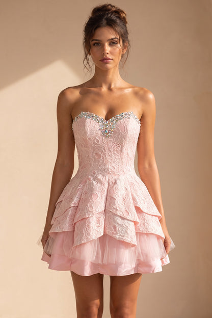 Light Pink Floral Lace Fit-and-Flare Mini Dress with Crystal Embellishments light pink floral lace dress - product view 1