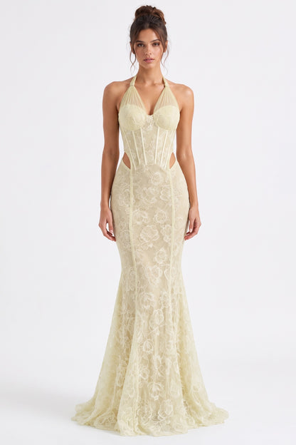 Pale Yellow Floral Lace Mermaid Gown pale yellow floral lace gown - product view 1