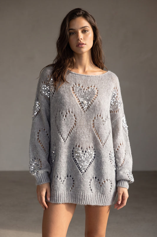 Grey Oversized Slouchy Sweater with Sequin Heart Motifs grey chunky knit yarn sweater - product view 1