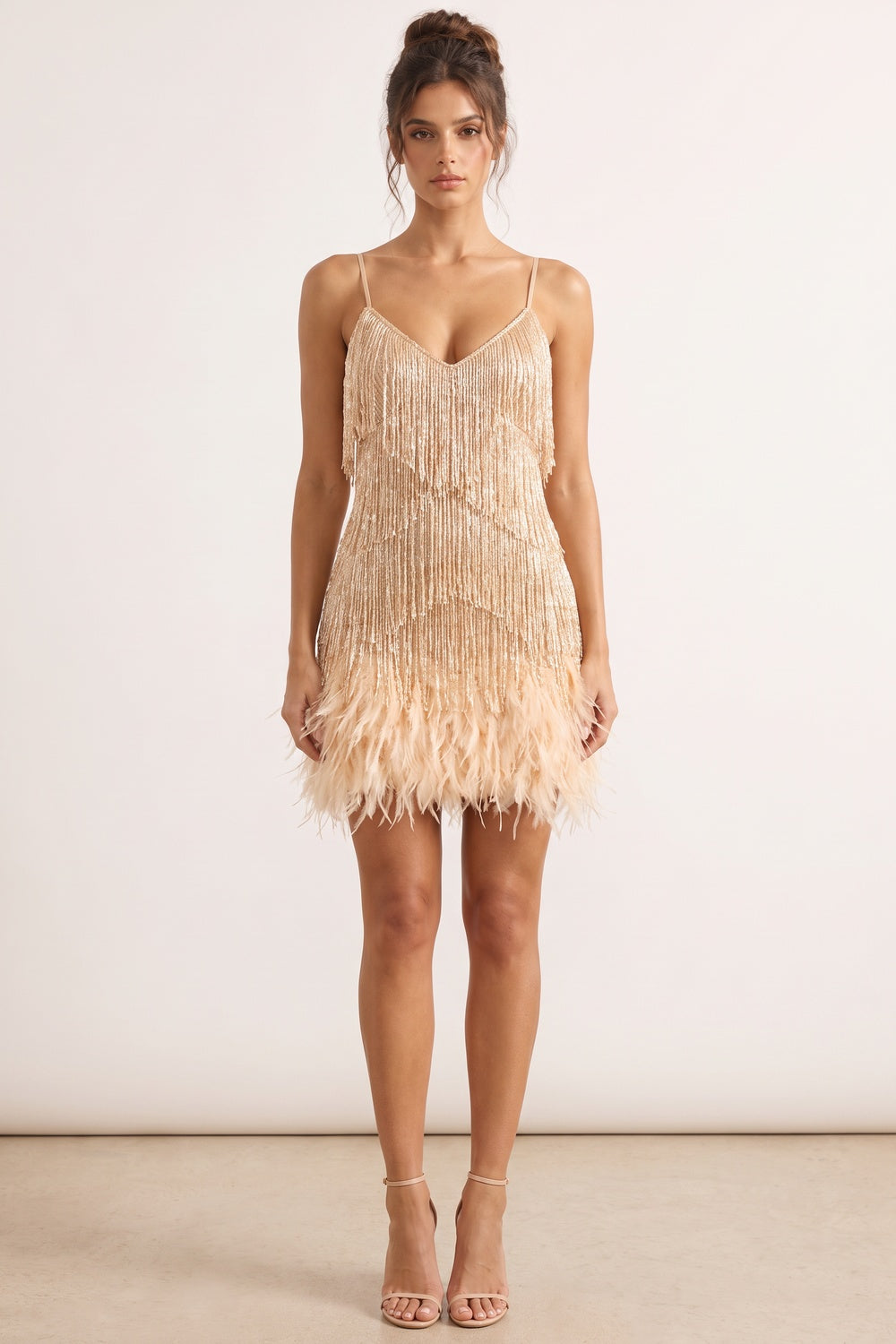 Champagne Gold Metallic Thread Fringe A-Line Dress champagne gold metallic thread fringe dress - product view 1