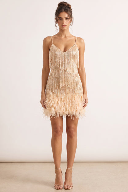 Champagne Gold Metallic Thread Fringe A-Line Dress champagne gold metallic thread fringe dress - product view 1