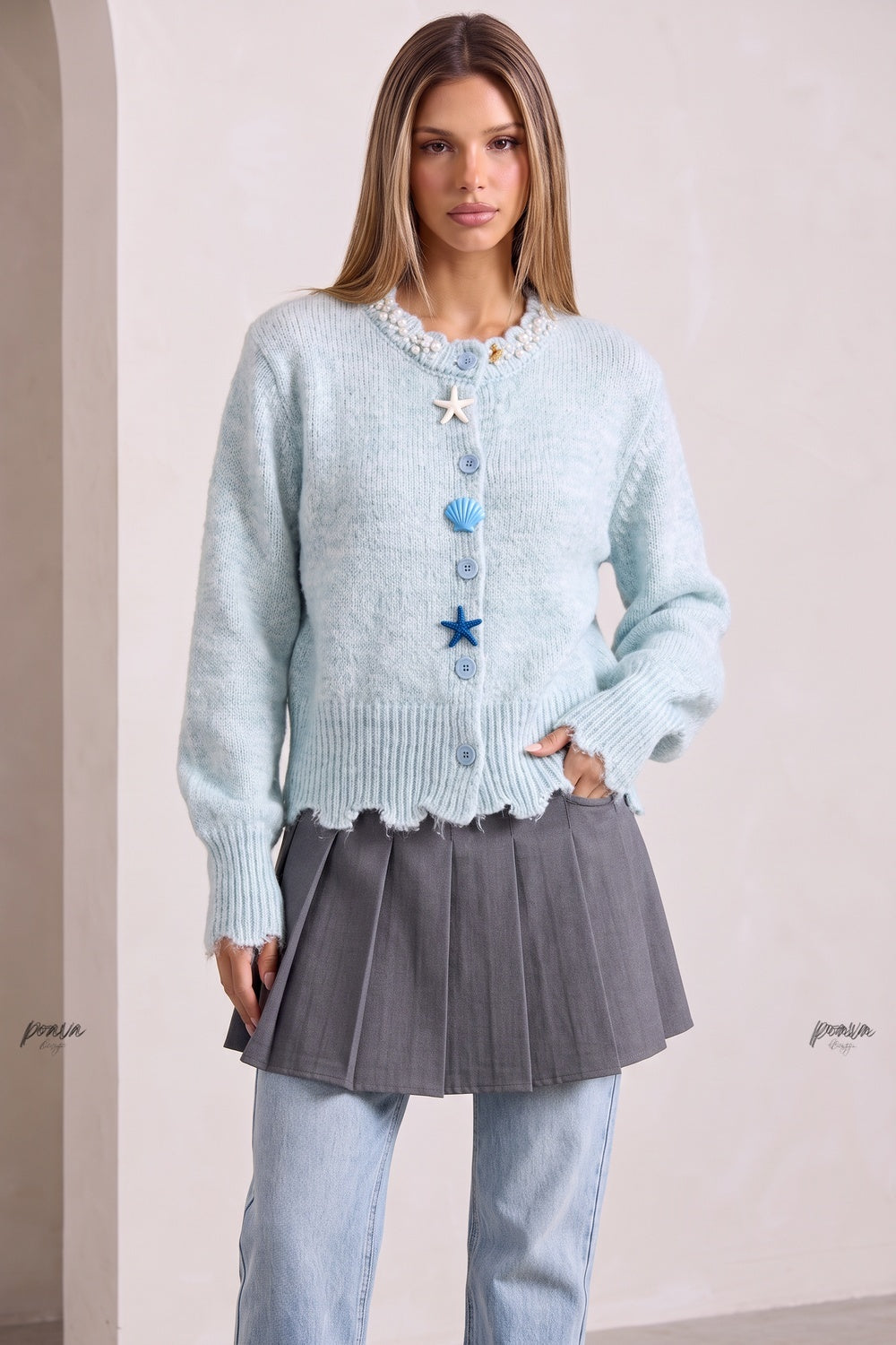 Light Blue Fuzzy Mohair-Blend Cropped Cardigan light blue fuzzy mohair-blend knit cardigan - product view 1