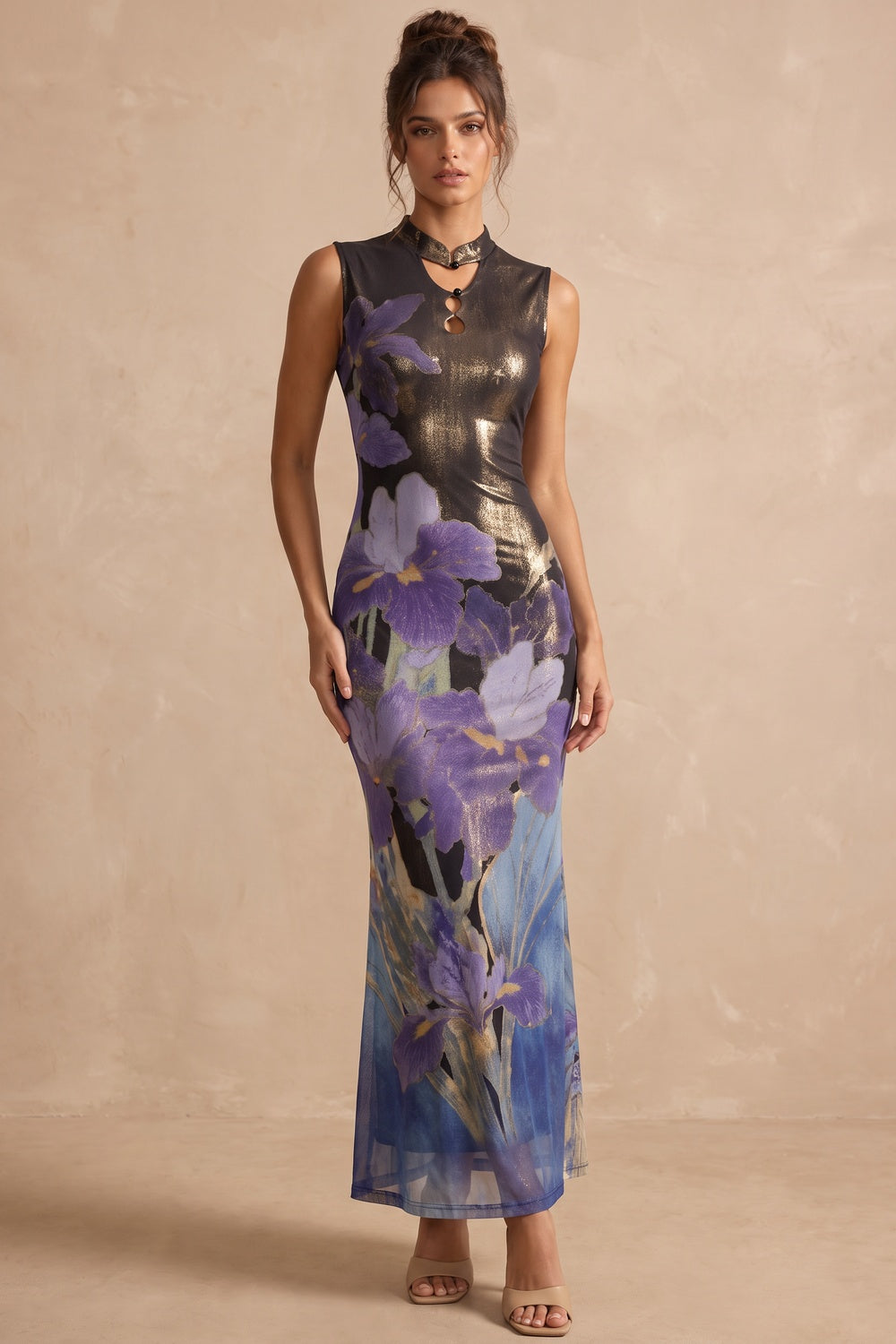 Black Printed Mesh Sheath Maxi Dress with Keyhole Neckline black, purple printed mesh maxi dress - product view 1