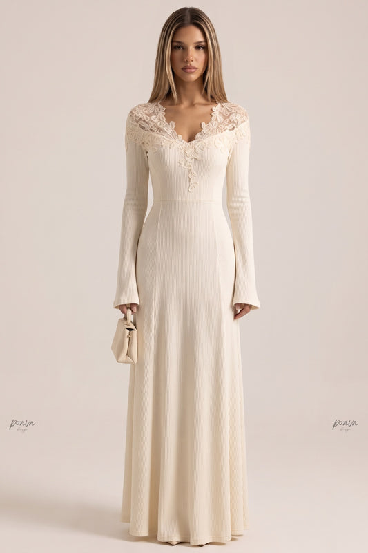 Cream Ribbed Knit Maxi Dress with Lace V-Neck cream, off-white, beige, light purple fine ribbed knit maxi dress - product view 1