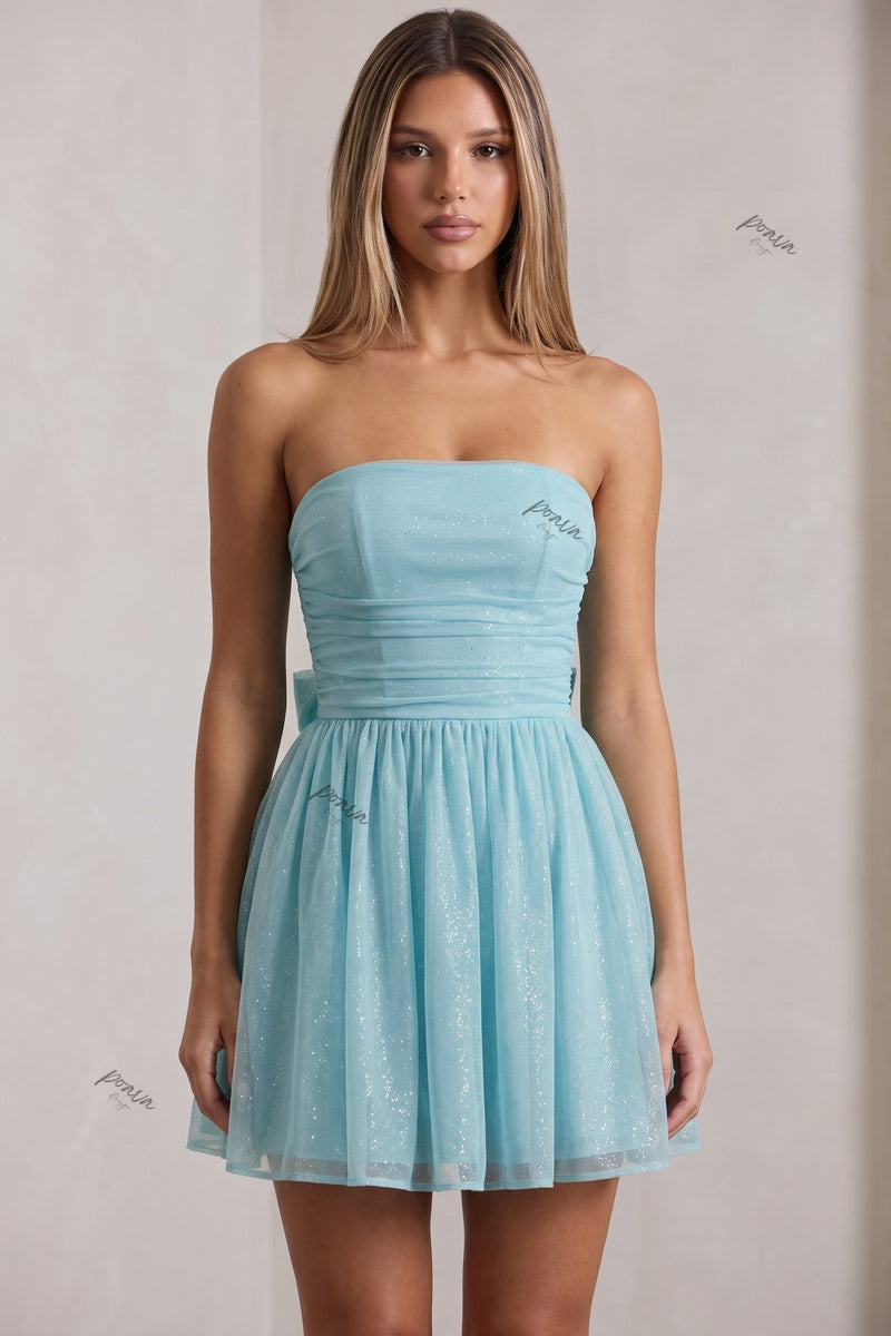 Light Blue Glitter Tulle Fit-and-Flare Mini Dress