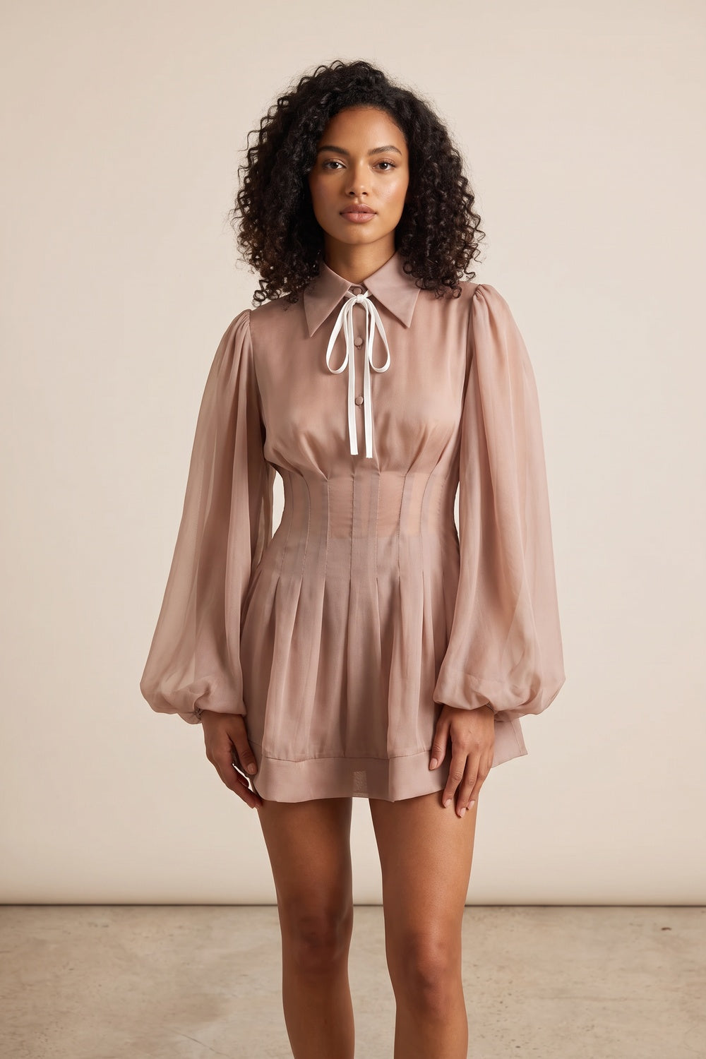 Dusty Rose Chiffon Mini Dress with Puffed Sleeves and Contrast Ribbon Tie Premium Fabric - product view 1