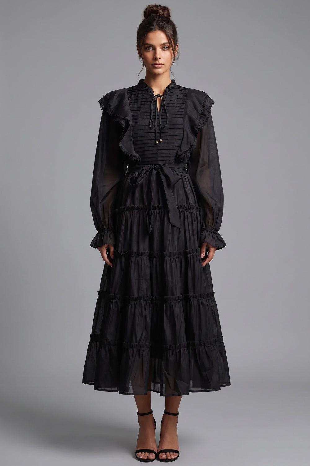 Black Tiered A-Line Midi Dress with Bishop Sleeves black lightweight semi-sheer woven fabric dress - product view 1