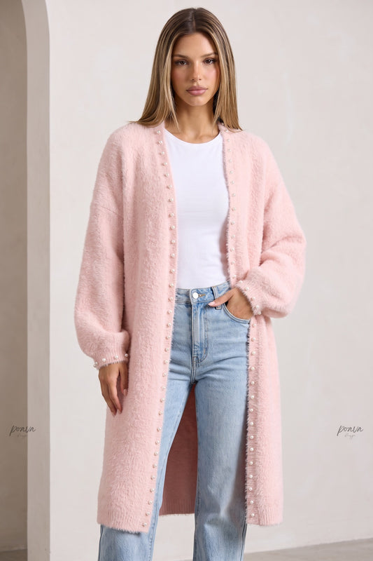 Pale Pink Eyelash Knit Oversized Cocoon Open-Front Cardigan pale pink eyelash knit long open-front cardigan - product view 1