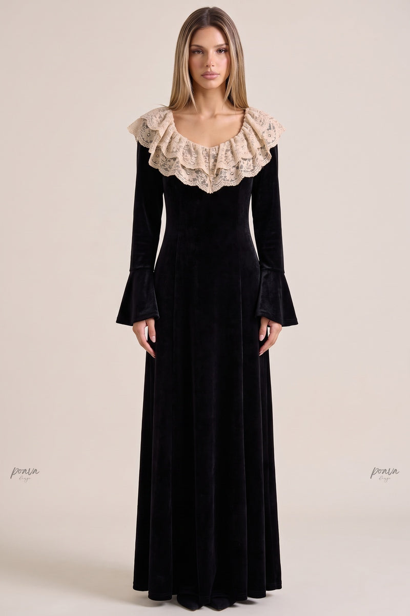 Black Velvet A-Line Maxi Dress with Lace Collar