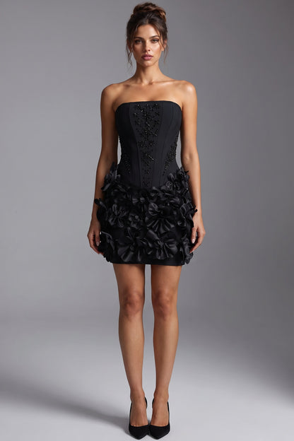 Black Structured Corset Mini Dress with 3D Floral Skirt black structured woven crepe dress - product view 1
