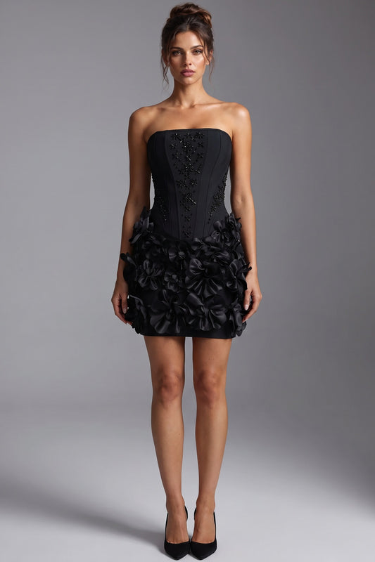 Black Structured Corset Mini Dress with 3D Floral Skirt black structured woven crepe dress - product view 1