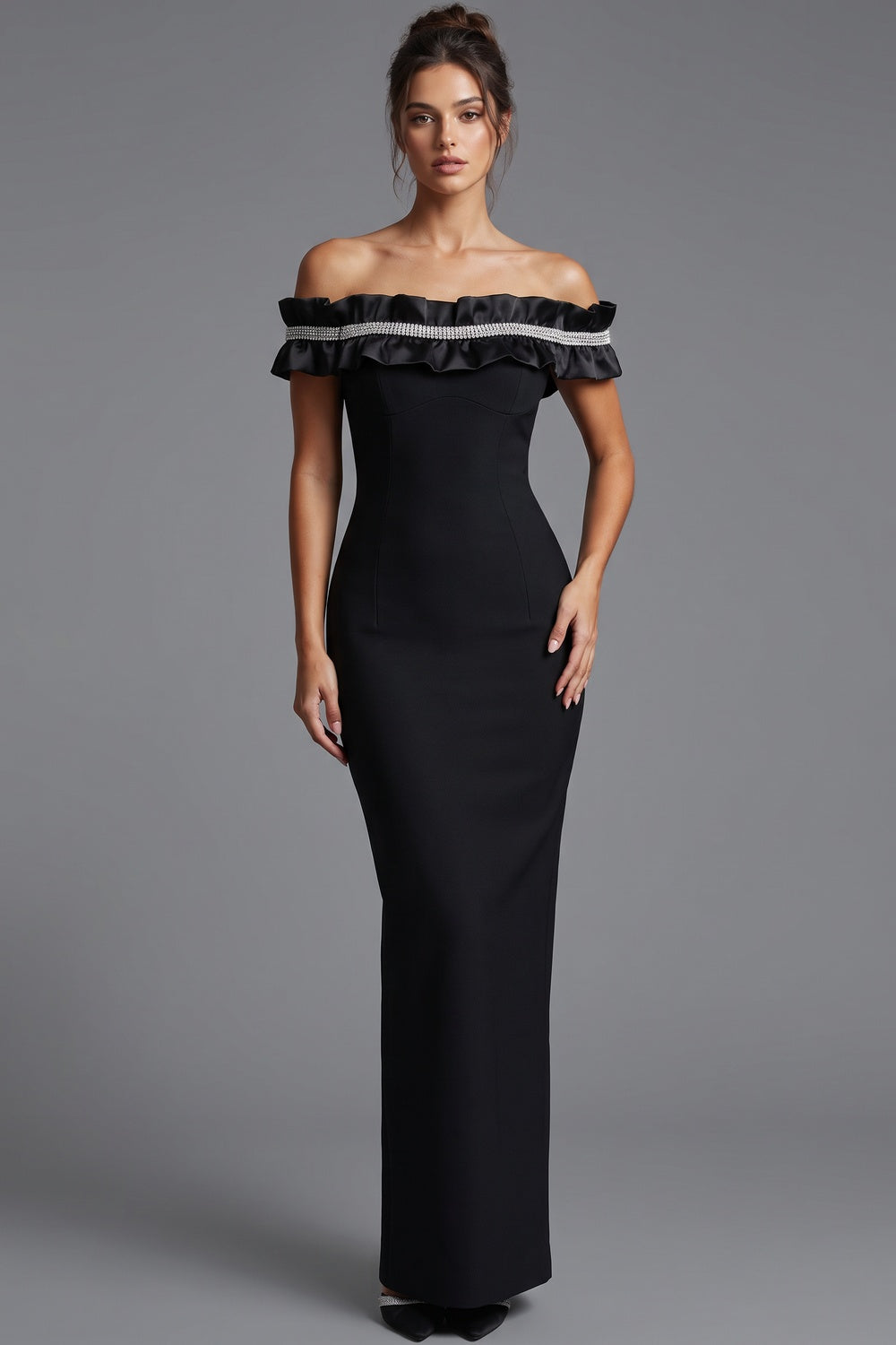 Black Structured Crepe Column Gown with Rhinestone Ruffle black structured crepe gown - product view 1
