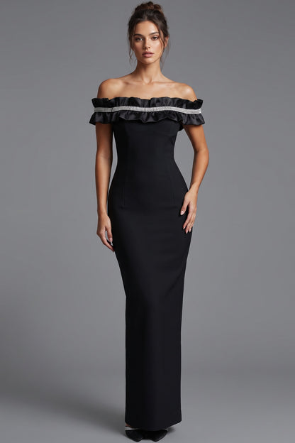 Black Structured Crepe Column Gown with Rhinestone Ruffle black structured crepe gown - product view 1