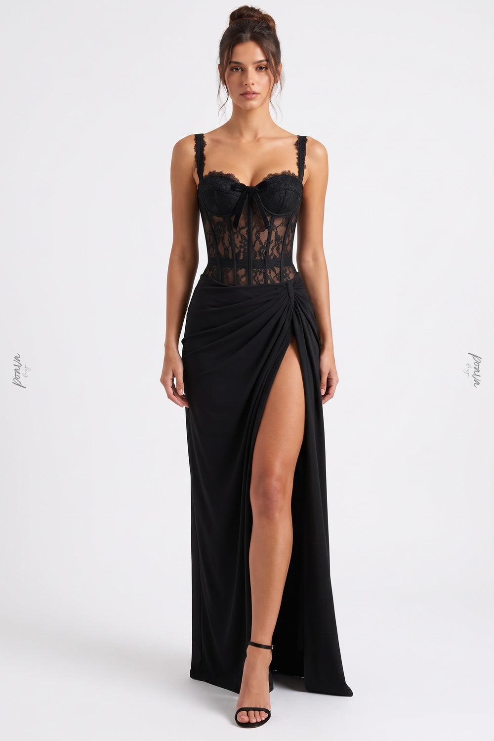 Black Lace Corset Evening Gown with High Slit black lace evening gown - product view 1