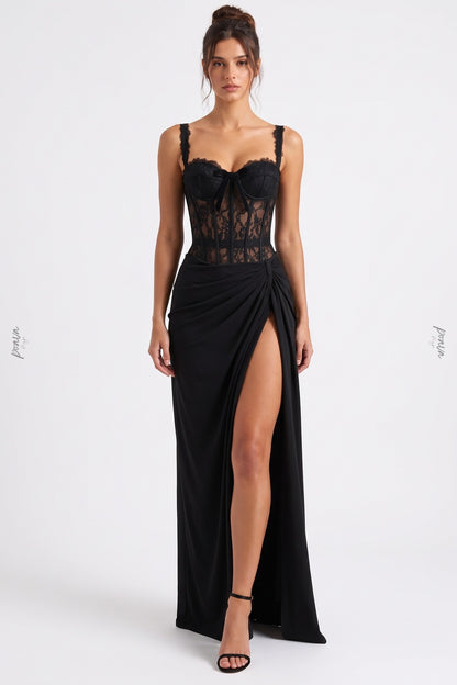 Black Lace Corset Evening Gown with High Slit black lace evening gown - product view 1