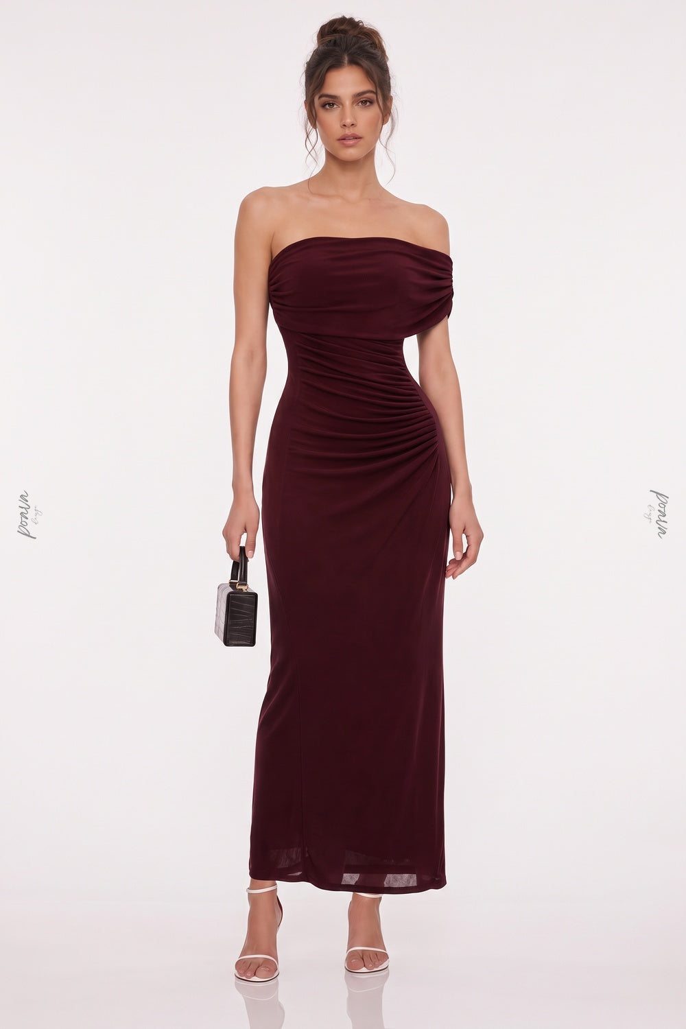 Burgundy Asymmetrical Off-The-Shoulder Ruched Column Dress burgundy lightweight stretch knit dress - product view 1