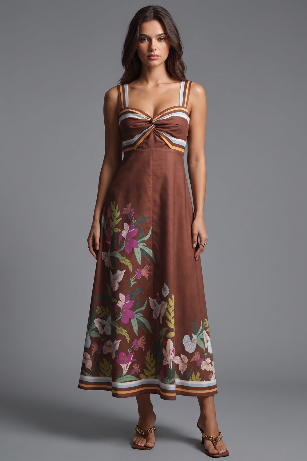 Chocolate Brown A-Line Midi Dress with Twisted Bodice and Floral Print chocolate brown structured woven cotton or linen blend dress - product view 1