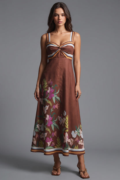 Chocolate Brown A-Line Midi Dress with Twisted Bodice and Floral Print chocolate brown structured woven cotton or linen blend dress - product view 1
