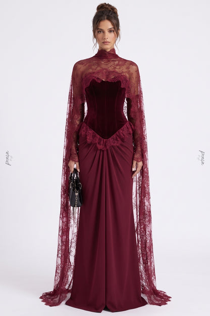 Burgundy Velvet Corset Evening Gown with Lace Cape Overlay burgundy velvet (bodice), fluid crepe/satin (skirt) evening gown - product view 1