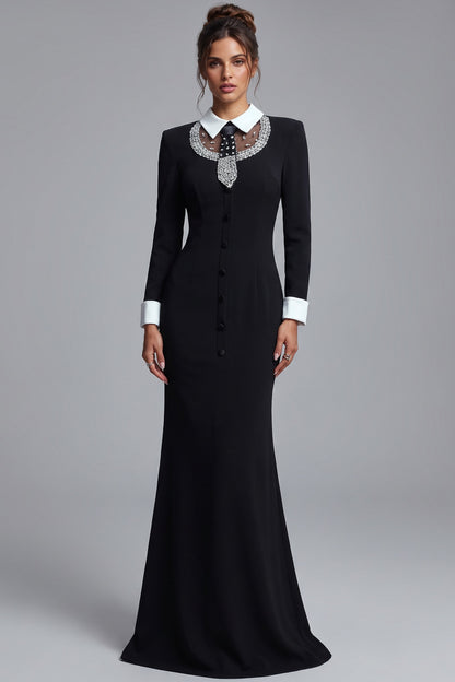 Black Structured Crepe Mermaid Gown with Crystal Embellishment black structured crepe gown - product view 1