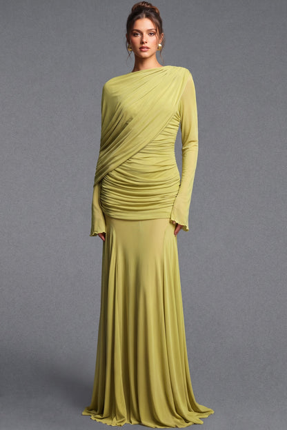 Chartreuse Ruched Mesh Gown chartreuse, olive green stretch mesh jersey gown - product view 1