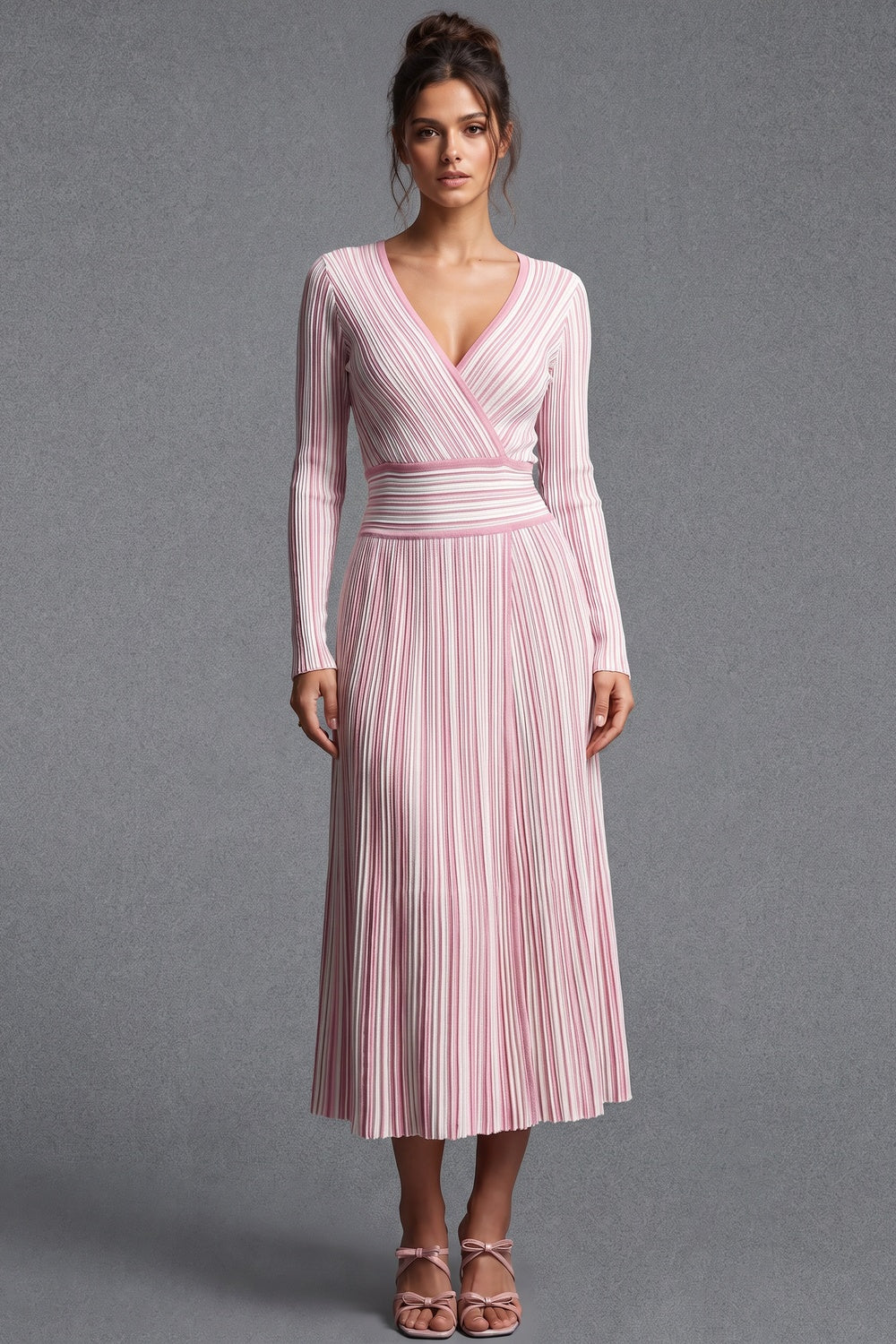 Light Pink Striped Ribbed Knit Fit-and-Flare Dress light pink, white ribbed knit dress - product view 1