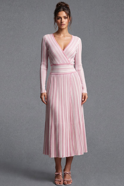 Light Pink Striped Ribbed Knit Fit-and-Flare Dress light pink, white ribbed knit dress - product view 1