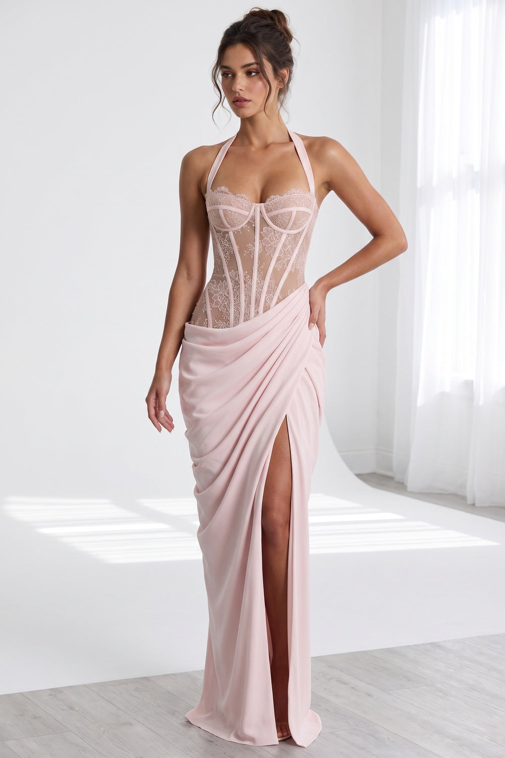 pale pink crepe draped column with corset bodice gown pale pink crepe gown - product view 1