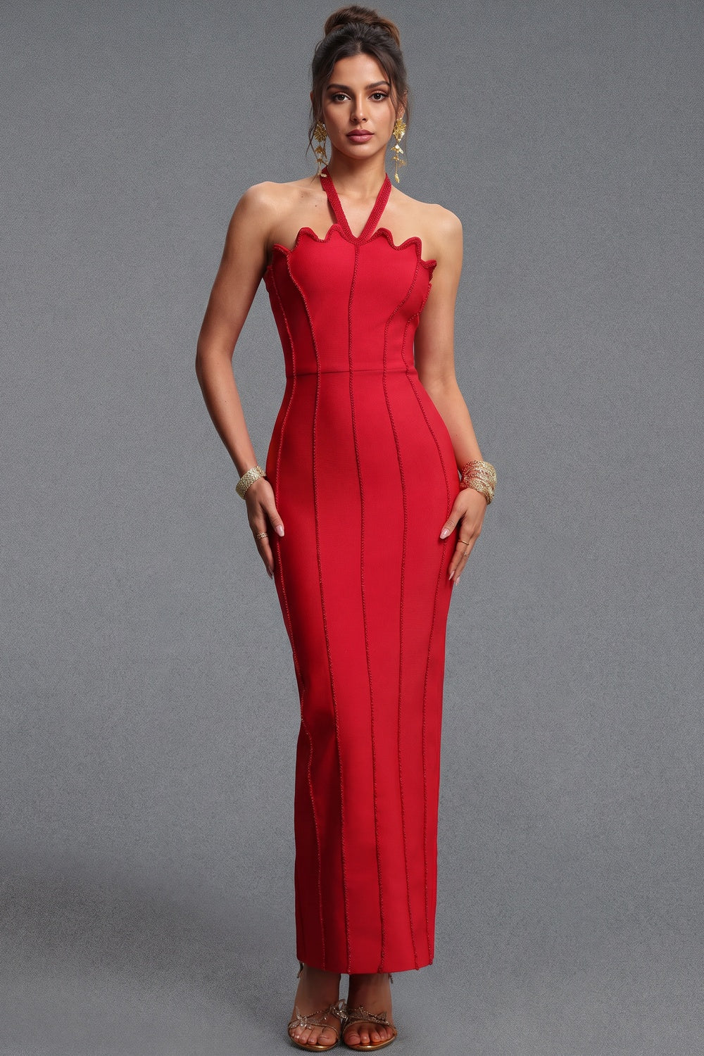 Red Heavy Knit Sheath Dress with Scalloped Halter red heavy knit dress - product view 1