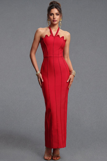 Red Heavy Knit Sheath Dress with Scalloped Halter red heavy knit dress - product view 1
