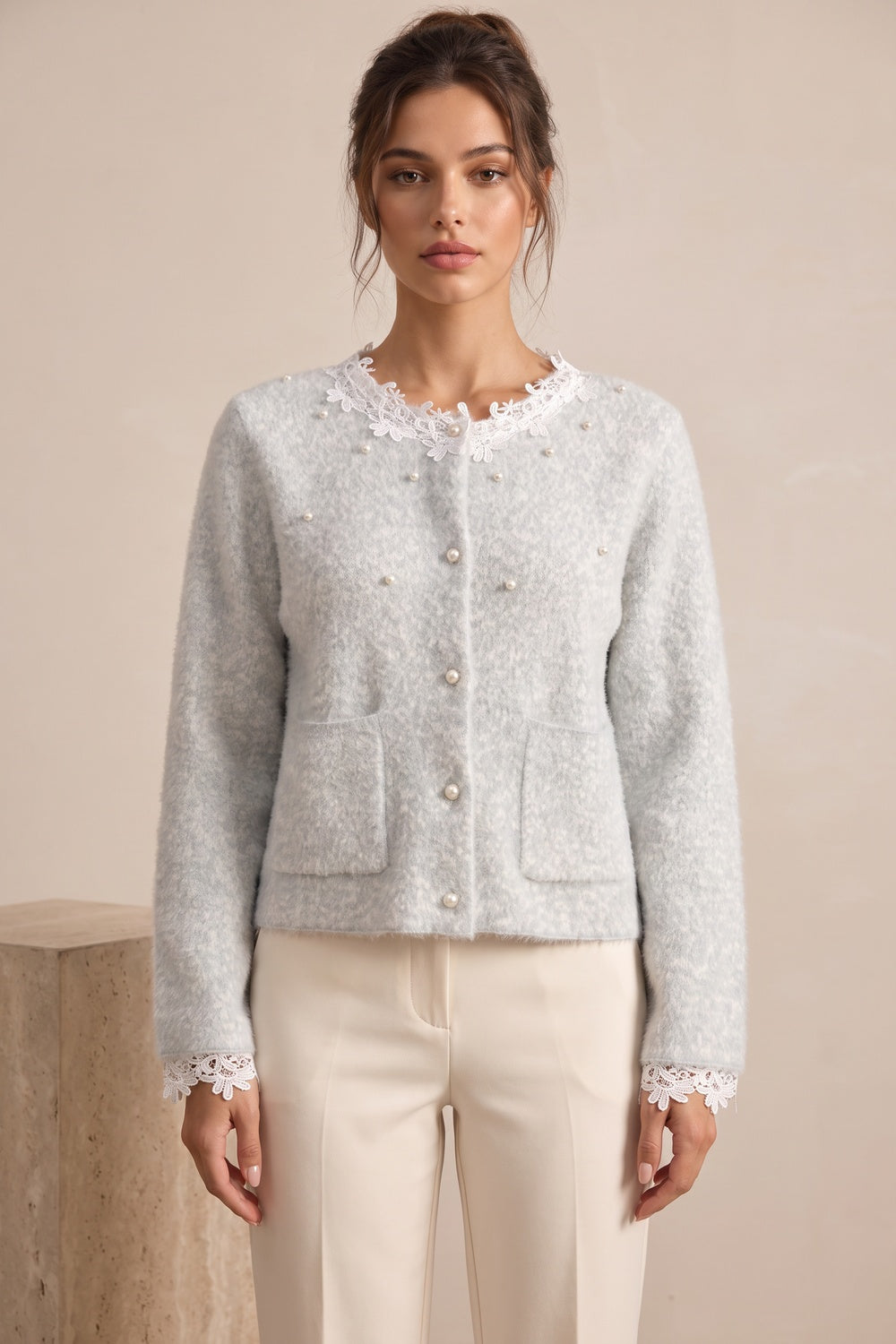 pale ice blue mohair-blend knit boxy, slightly cropped cardigan pale ice blue, light grey mohair-blend knit cardigan - product view 1