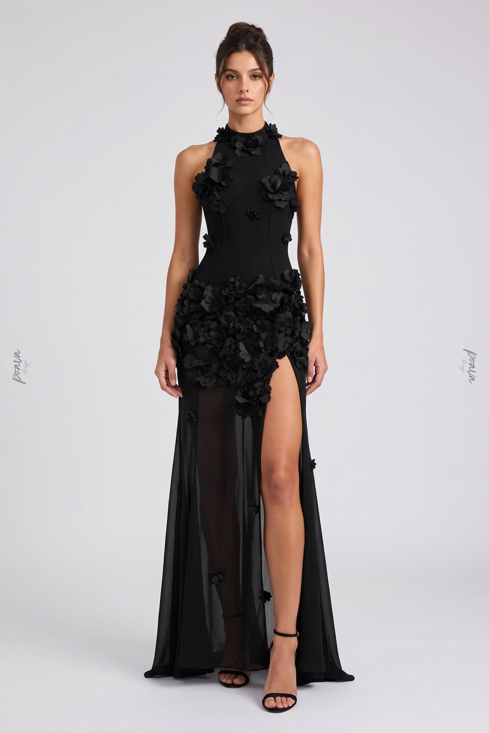 Black Crepe Fitted Bodice with Flowing Sheer Skirt Gown black crepe gown - product view 1