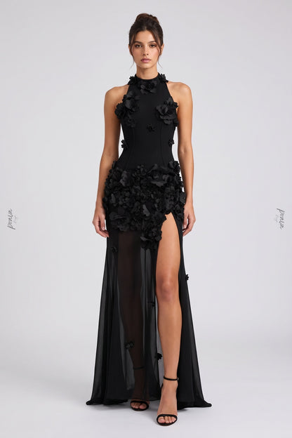 Black Crepe Fitted Bodice with Flowing Sheer Skirt Gown black crepe gown - product view 1