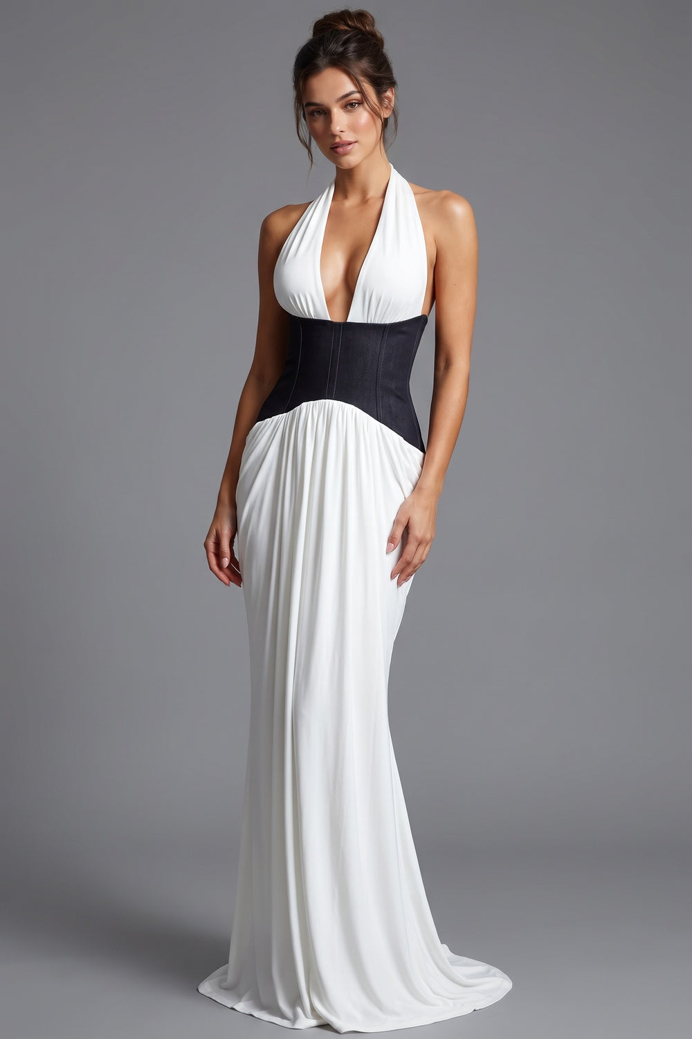 White Fluid Jersey Column Evening Gown with Structured Black Waist white fluid white jersey or crepe evening gown - product view 1