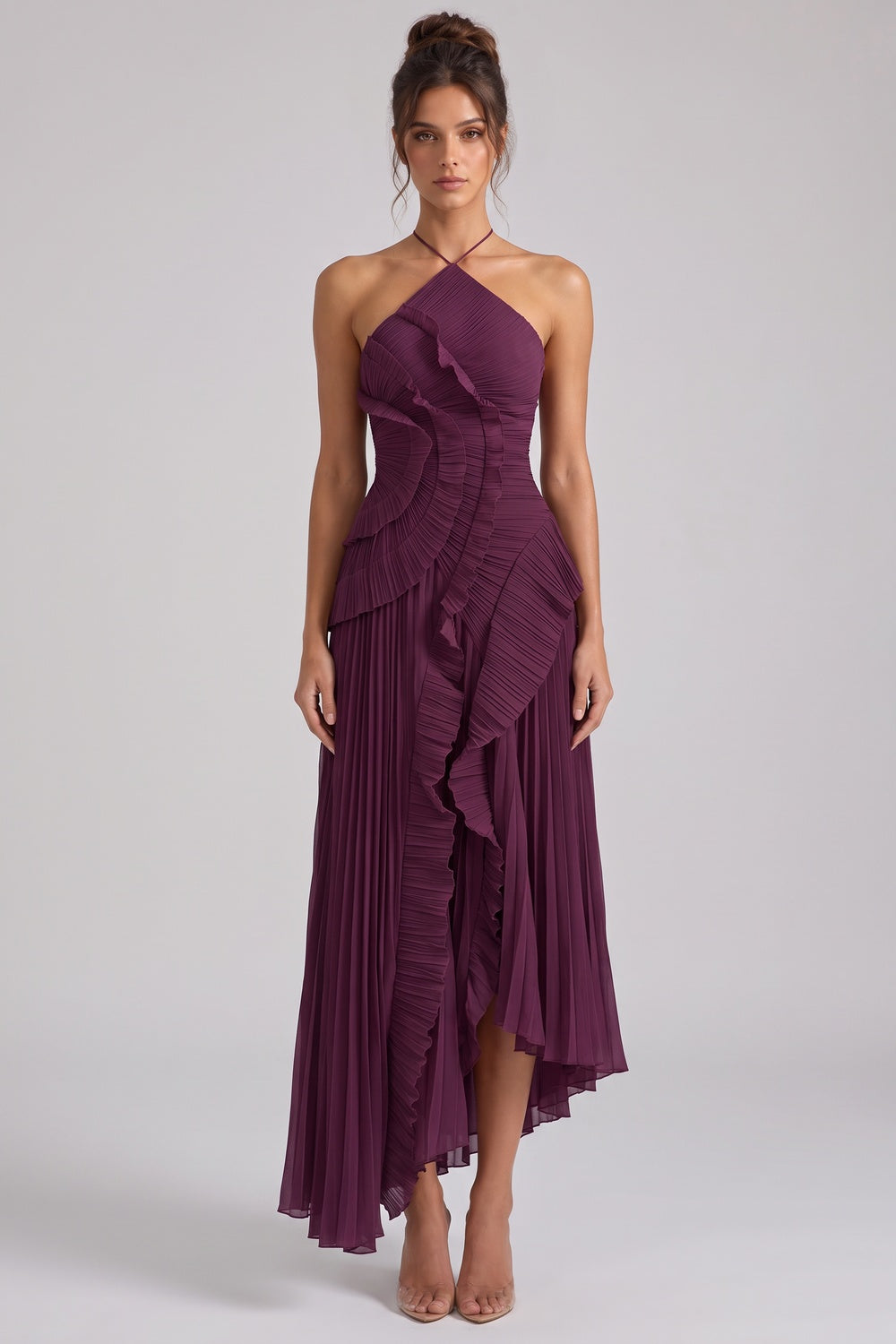 Deep Plum Asymmetrical Pleated Ruffle A-Line Dress deep plum pleated chiffon or georgette dress - product view 1