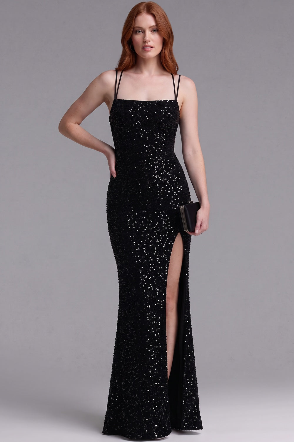 Black Sequined Fitted Column Evening Gown black sequined knit or mesh evening gown - product view 1