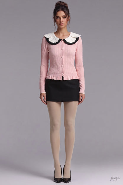 Light Pink Textured Knit Fitted Ruffled Hem Cardigan light pink textured knit cardigan - product view 1
