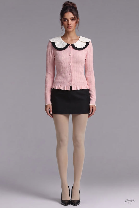 Light Pink Textured Knit Fitted Ruffled Hem Cardigan light pink textured knit cardigan - product view 1