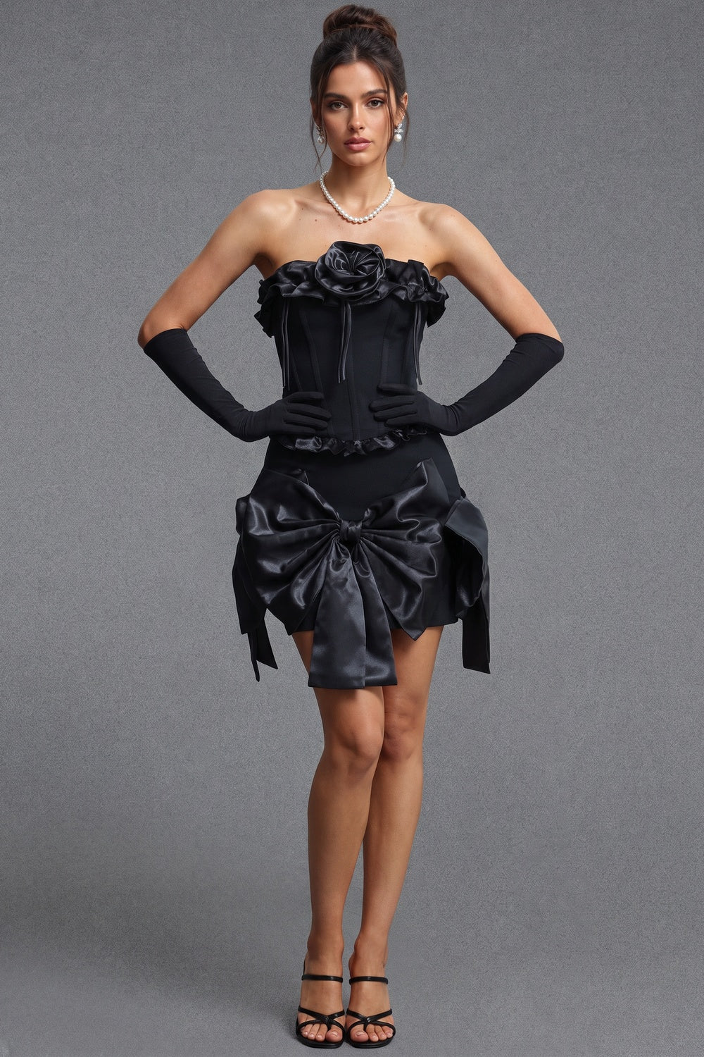Black Structured Matte Crepe Fitted Corset with Voluminous Satin Bow Mini Skirt Two-Piece Set black structured matte crepe two-piece set - product view 1