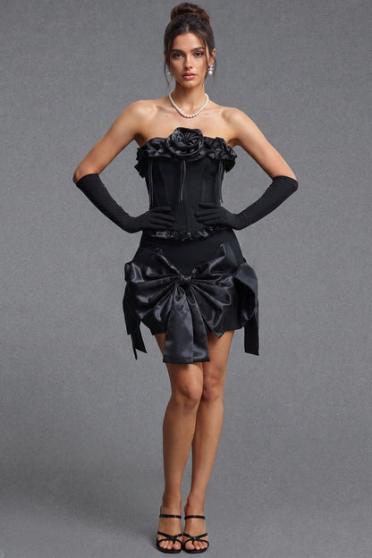 Black Structured Matte Crepe Fitted Corset with Voluminous Satin Bow Mini Skirt Two-Piece Set black structured matte crepe two-piece set - product view 1