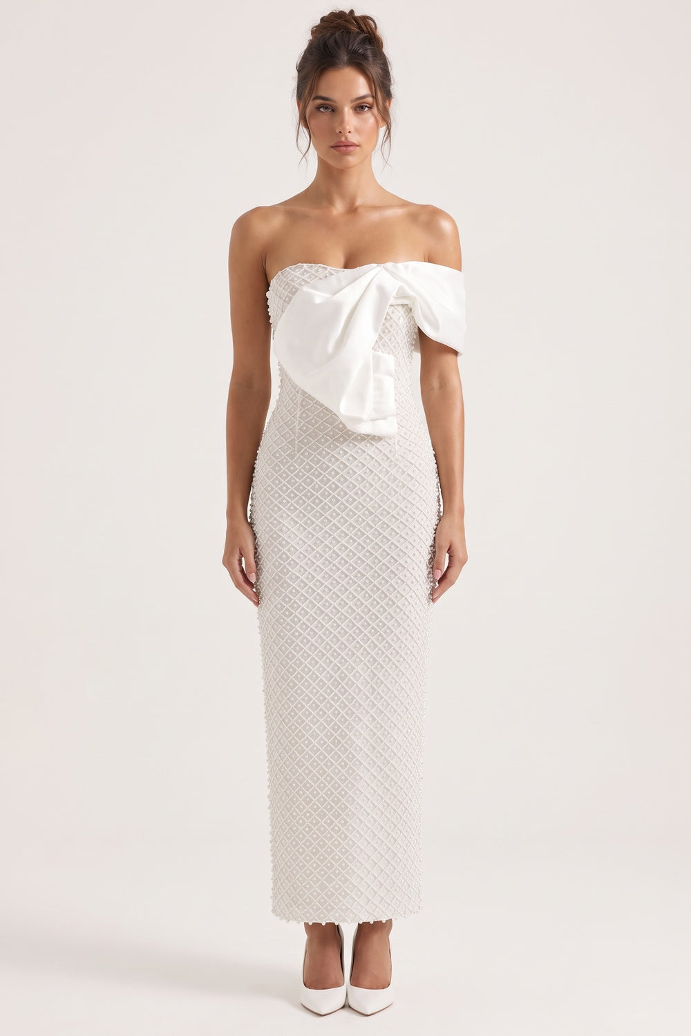 White Beaded Mesh Column Dress with Asymmetrical Satin Bow white beaded mesh dress - product view 1